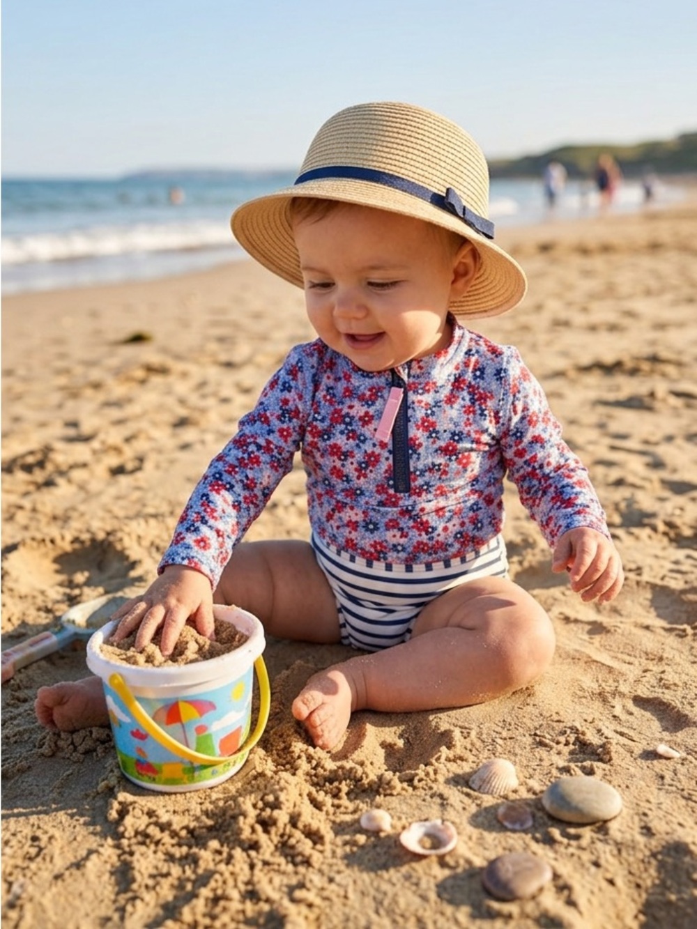 Ruffle Butts Floral Rash Guard Top & Navy Striped Swim Bottoms